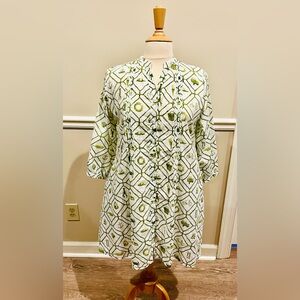 Charlee White Button-Front Tunic with Olive Green Geometric Nautical Print